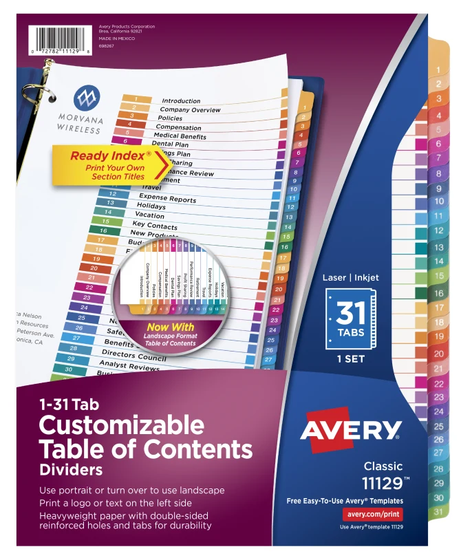 Avery® Ready Index® 31 Number (11129) Dividers, Table of Content - Click Image to Close