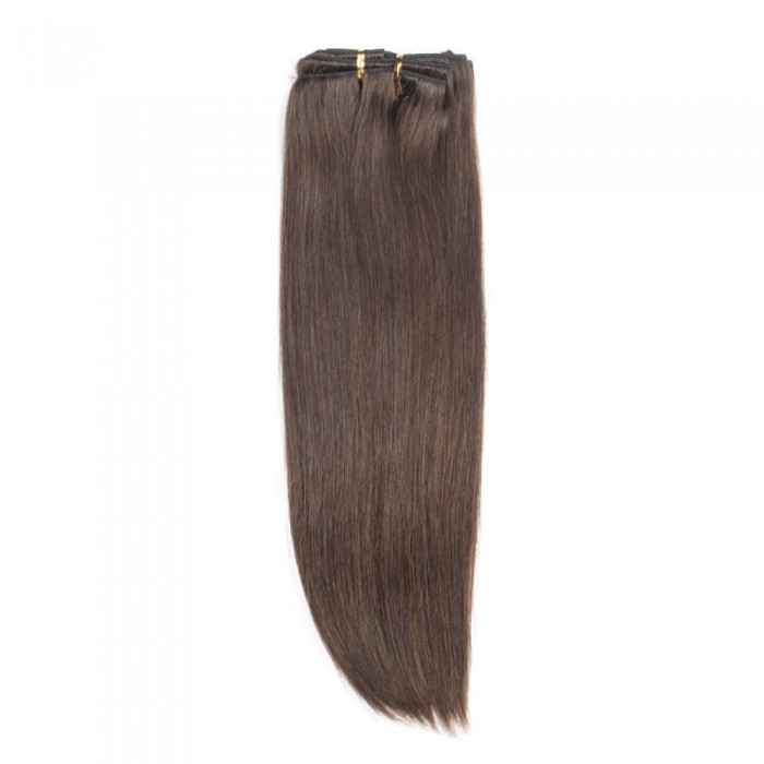 24" #4 Chocolate Brown Straight Clip In Human Hair Extensions