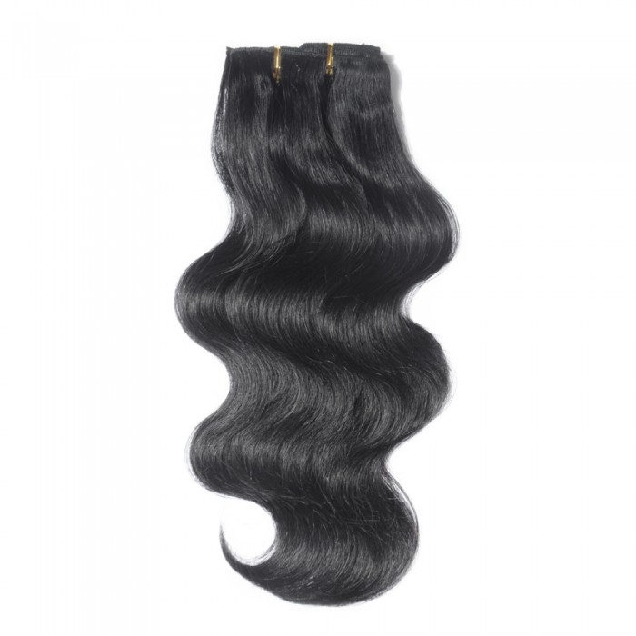 16" #1 Jet Black Body Wave Clip In Human Hair Extensions