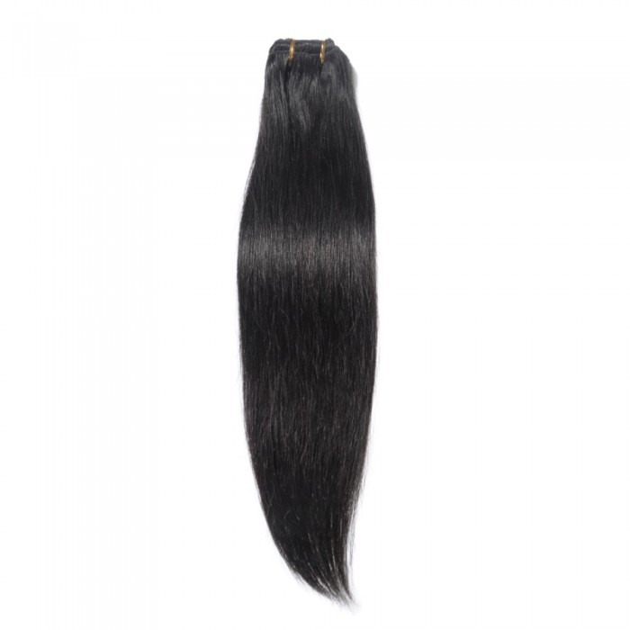 24" #1 Jet Black Straight Clip In Human Hair Extensions - Click Image to Close