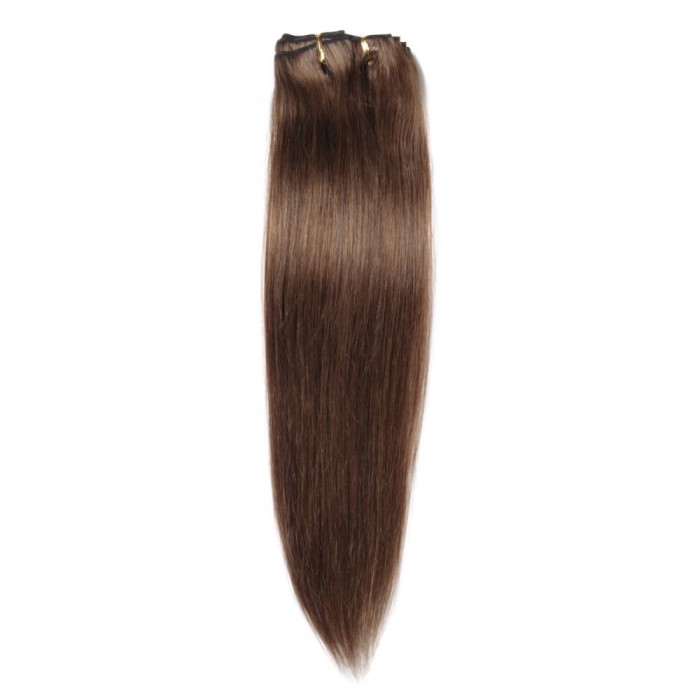 16" #8 Light Brown Straight Clip In Human Hair Extensions