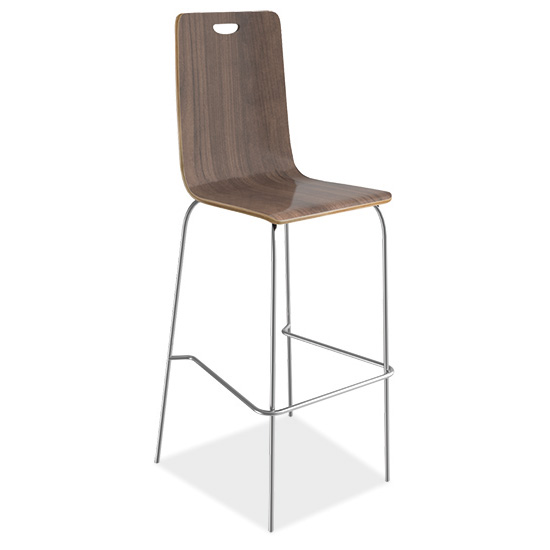 Cafe Height, High Back Wood Stool, Hand Hole in Back with Chrome